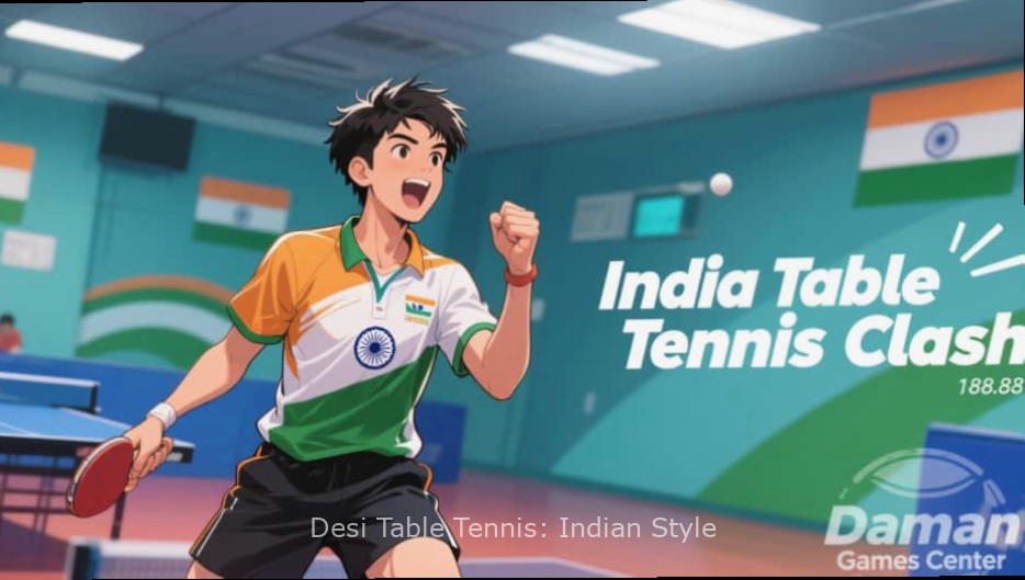 Desi Table Tennis: Indian Style Cover Desi Table Tennis: Indian Style game cover showing players in traditional Indian attire playing table tennis